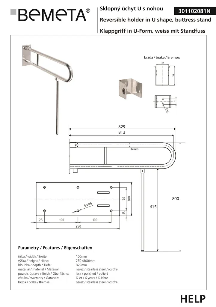 BEMETA HELP sklopné madlo (úchyt) v tvare U s opornou nohou, 813 mm, nerez lesk