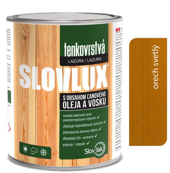 SLOVLUX tenkovrstvá lazúra na drevo, orech svetlý, 0,7 l