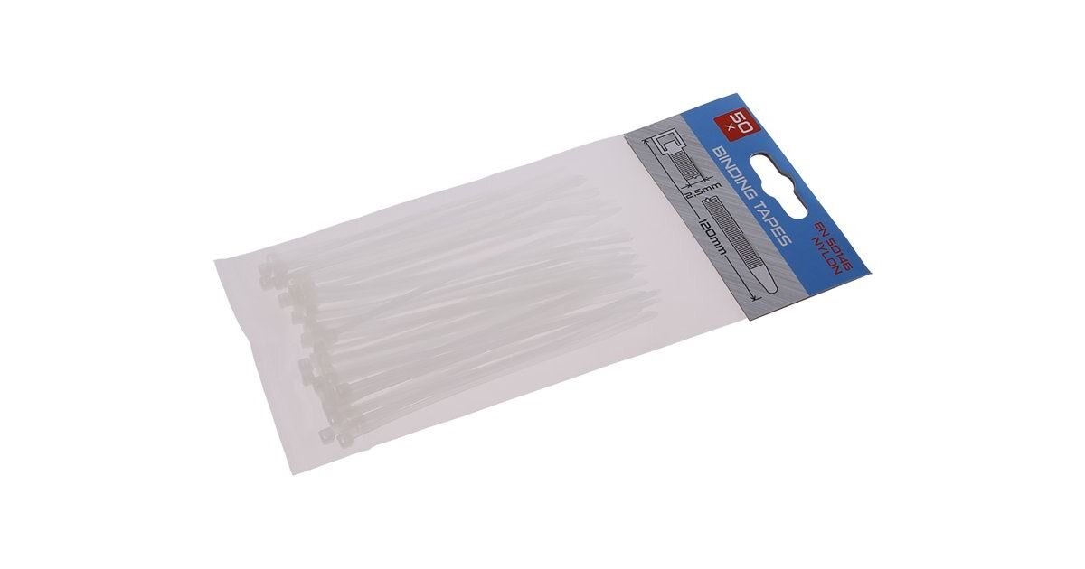 Nylonové viazacie (sťahovacie) pásky 120 x 2,5 mm, 50 ks, biele