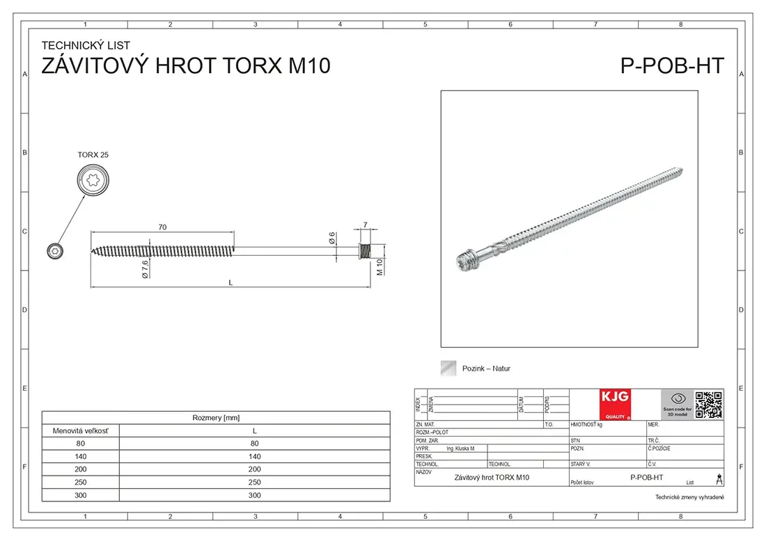Závitový hrot TORX 200 mm, pozinkovaný