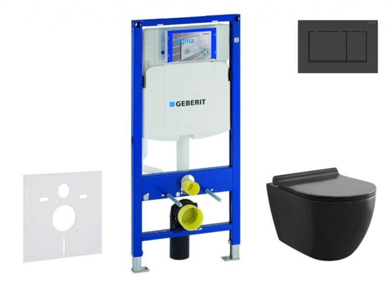 Geberit Duofix predstenový inštalačný set s závesným klozetom KIELLE Gaia a sedátkom SoftClose, tlačidlo Sigma30 (matná čierna)